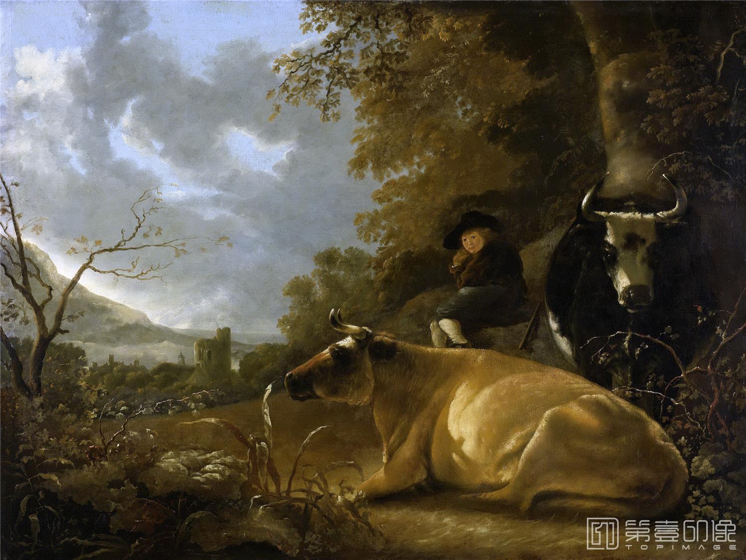 油画-荷兰阿姆斯特丹国家美术馆-Cuyp Aelbert Landschap met koeien en herdersjongen 1650-1670